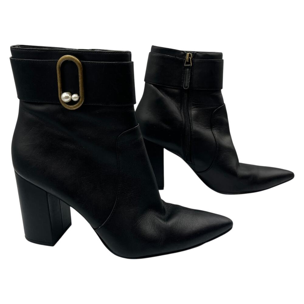 Nine West Heeled Ankle Boots Booties Reprite Block Heels Pearl Buckle Black 9M